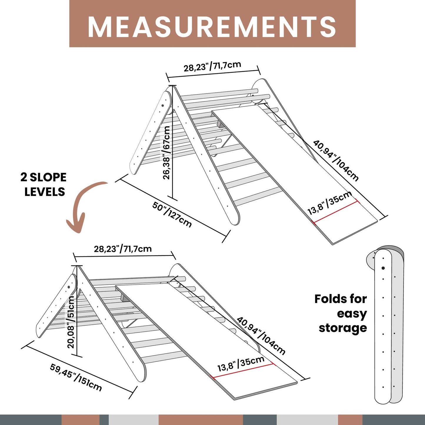 A diagram showing the measurements of a Climbing arch + Foldable climbing triangle + a ramp in a child's room.
