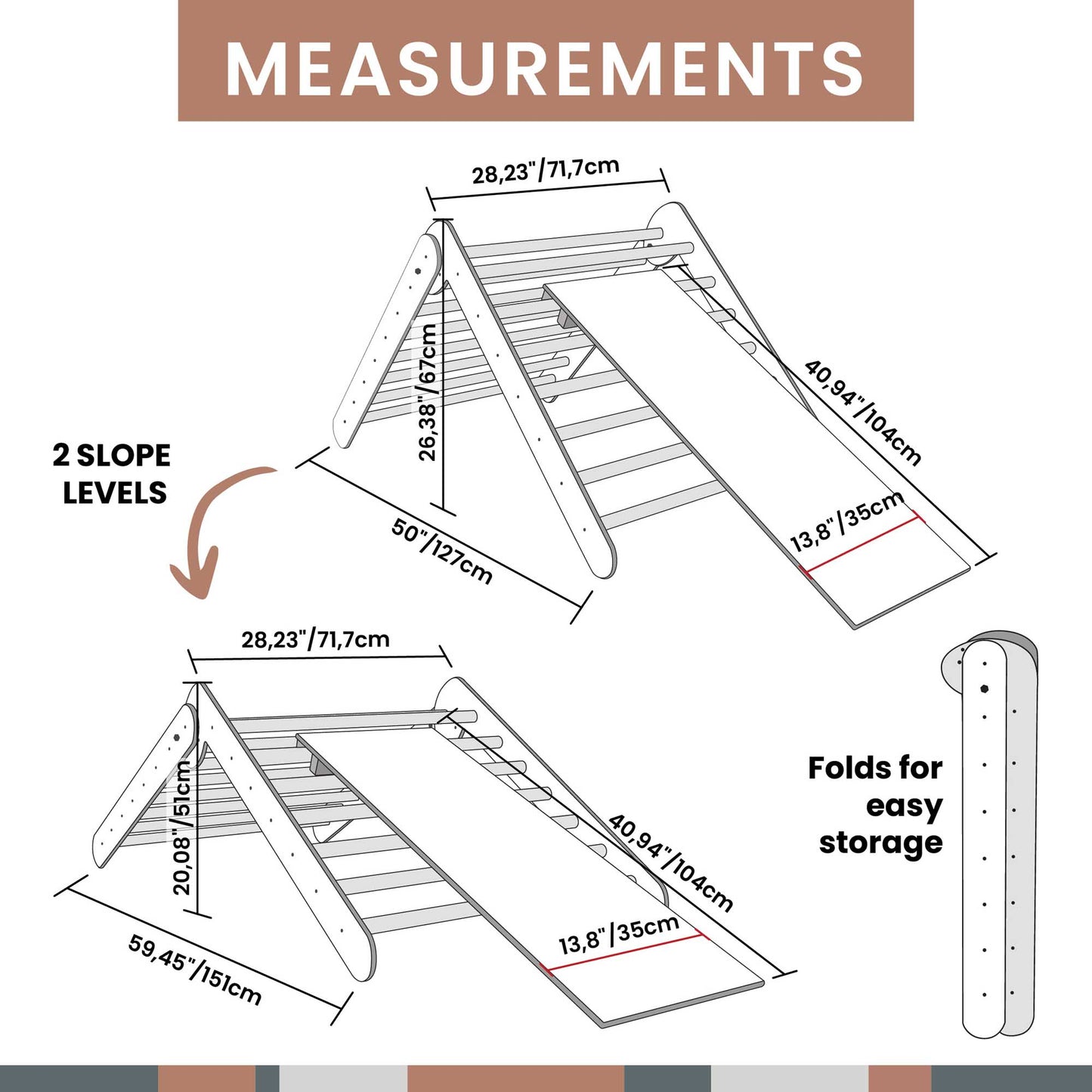 A durable Transformable climbing triangle + Foldable climbing triangle + a ramp diagram showcasing the measurements of a climbing set, designed for easy storage.