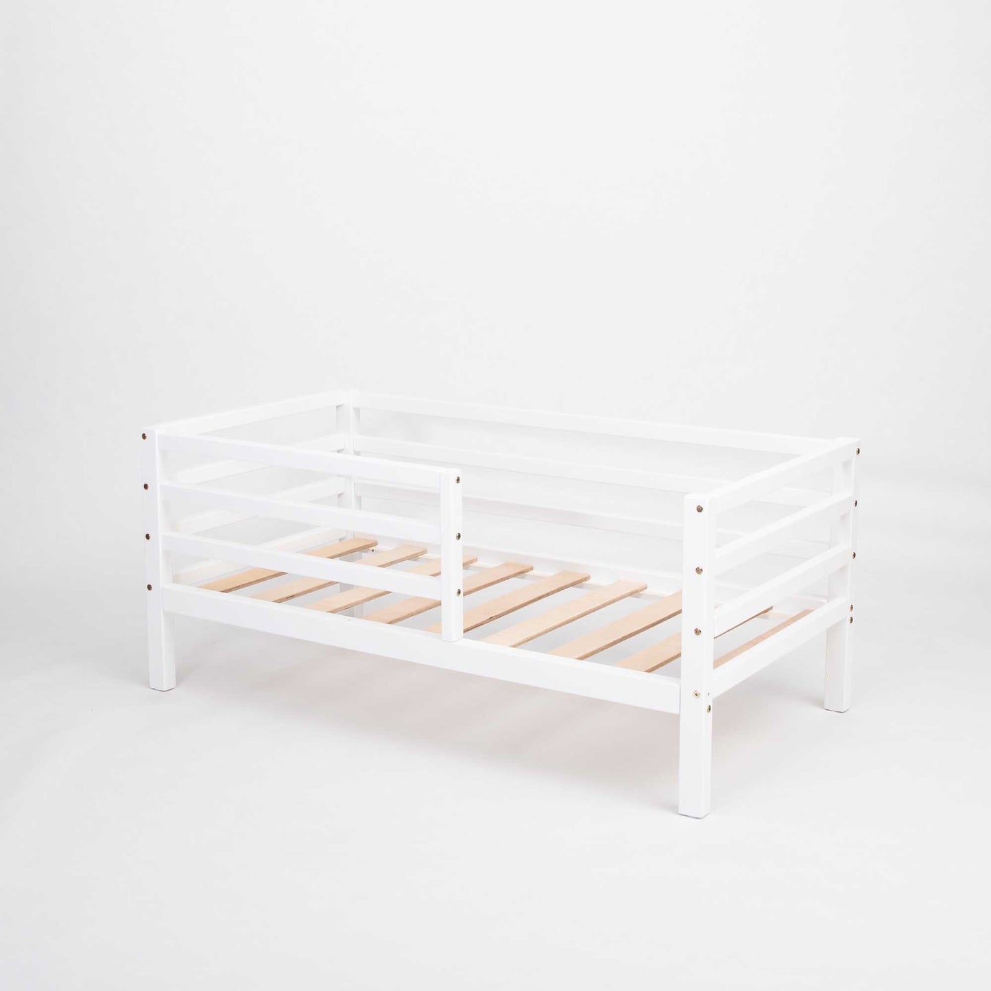 A Sweet Home From Wood Kids' bed on legs with a horizontal rail fence, with wooden slats on a white background.
