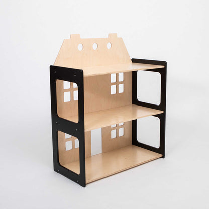 A Sweet Home From Wood 2-in-1 doll house and Montessori shelf with a house on it.
