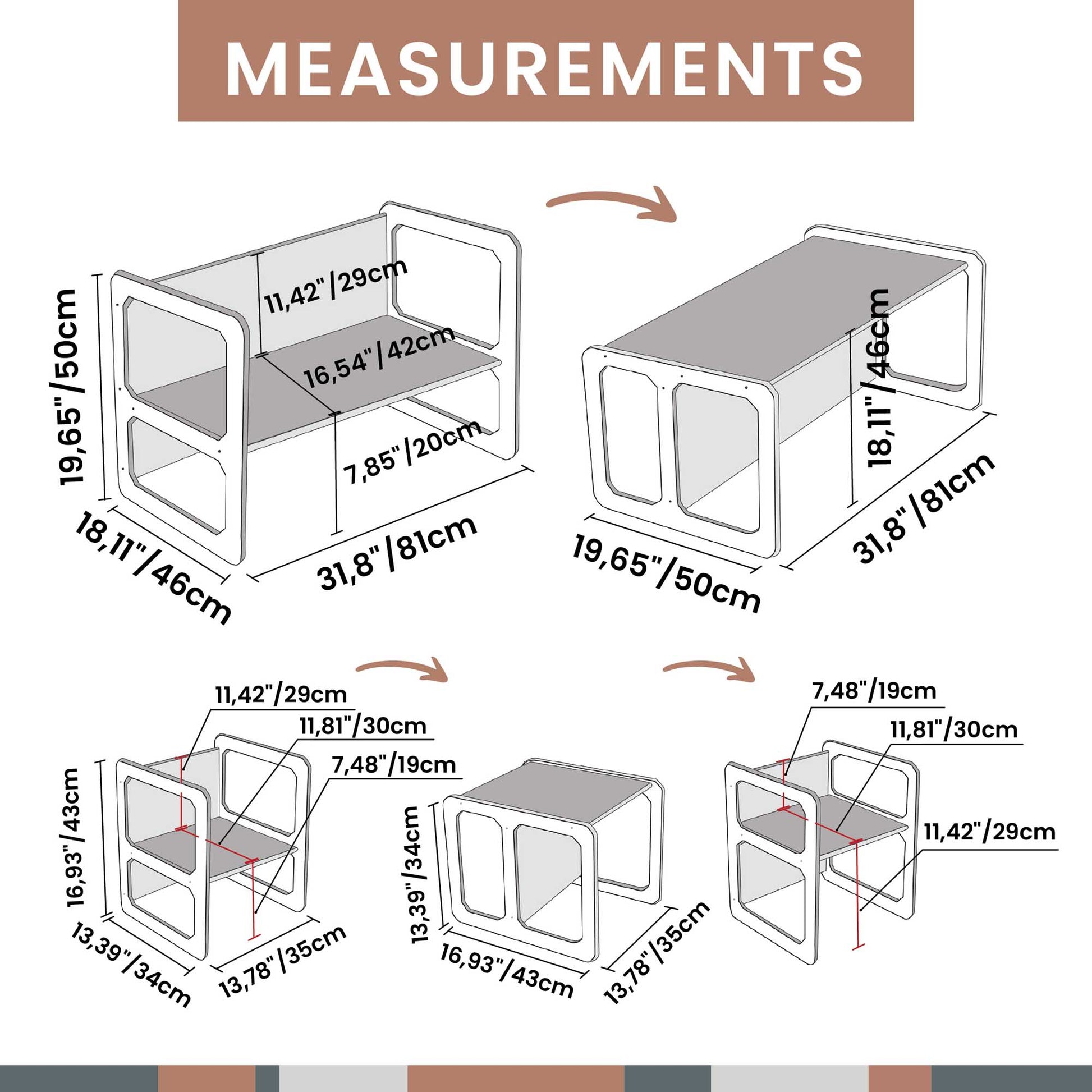 A diagram displaying the dimensions of a Sweet Home From Wood Montessori weaning table and 2 chair set bed.
