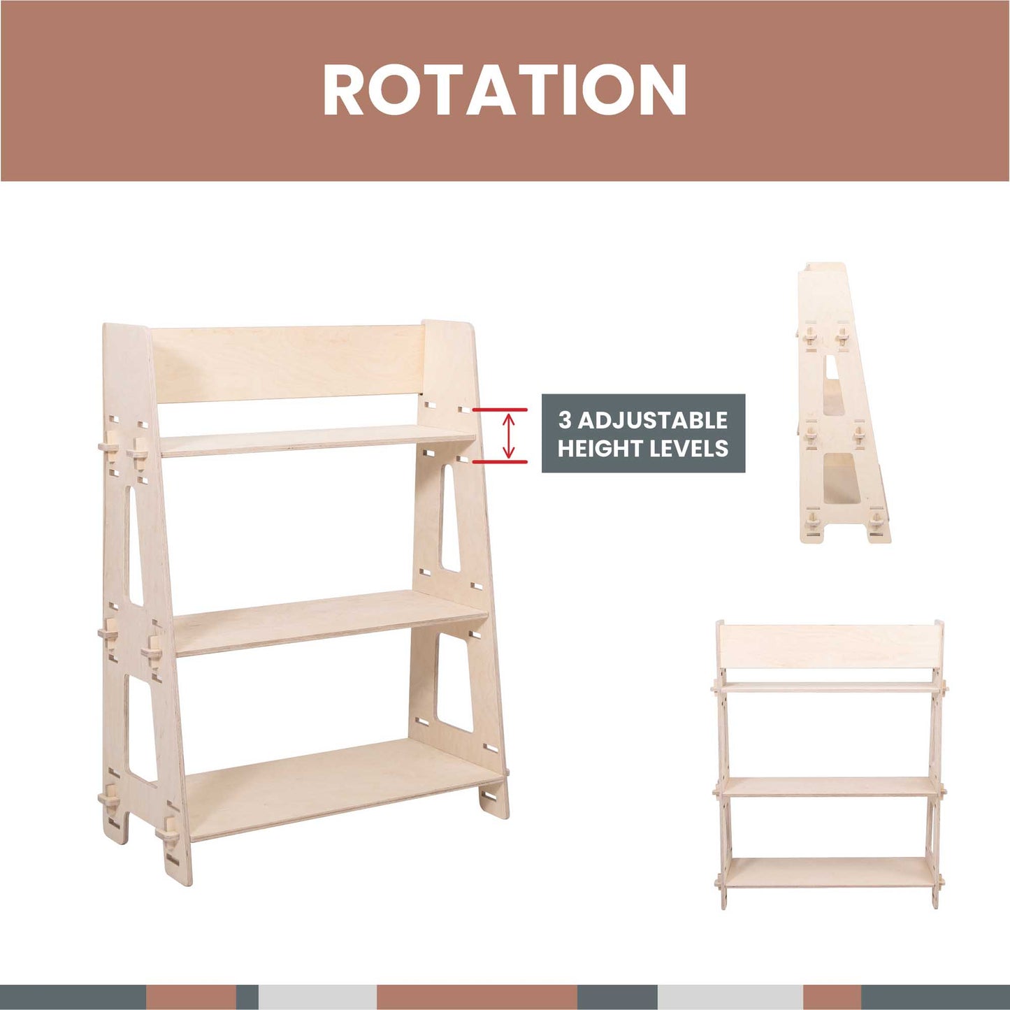 A Sweet Home From Wood Montessori toy shelf for kids with the words rotation on it.