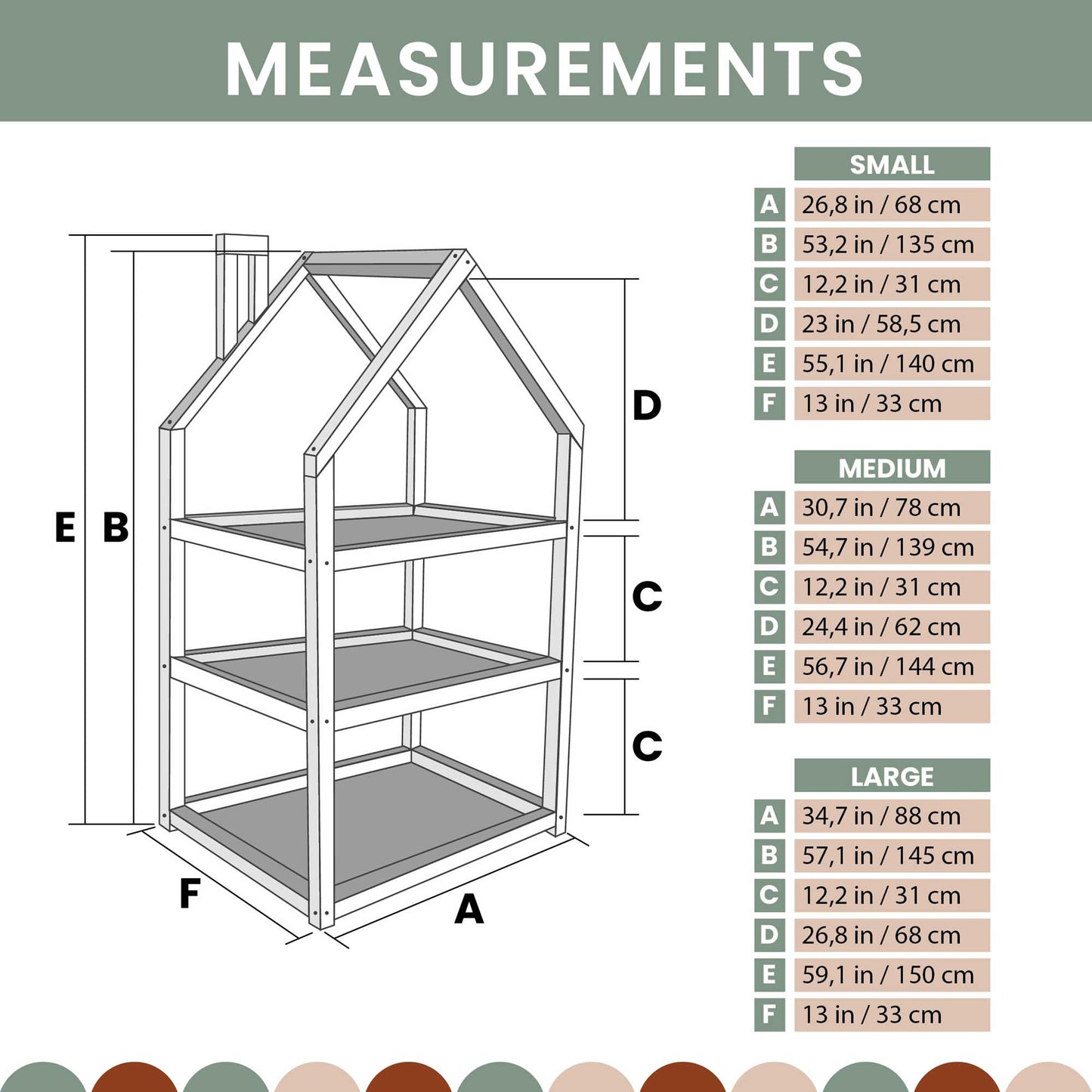A Sweet Home From Wood house-shaped Montessori shelf, inspired by Montessori principles, illustrating the measurements and organization of a wooden house, including shelf placements.