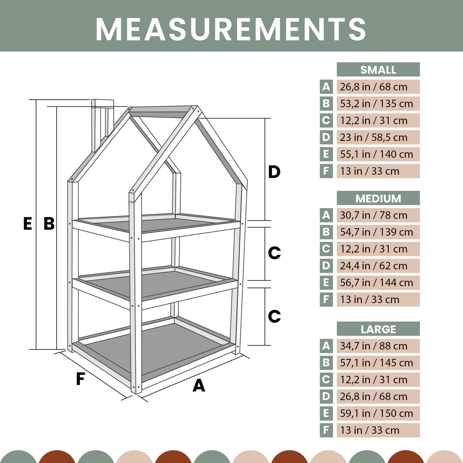 A Sweet Home From Wood house-shaped Montessori shelf, inspired by Montessori principles, illustrating the measurements and organization of a wooden house, including shelf placements.