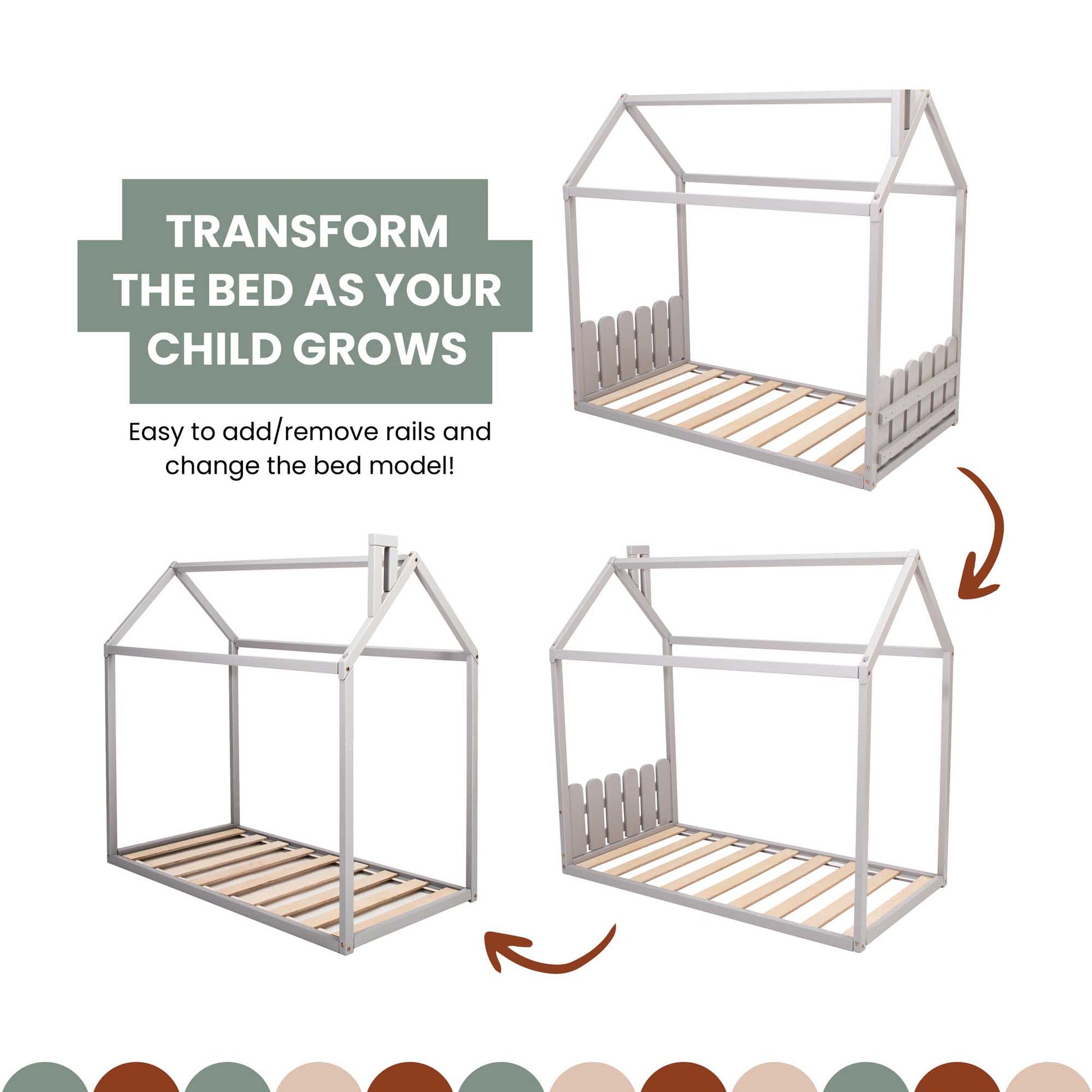 Transform the low platform bed or Montessori house-frame bed with a picket fence headboard and footboard as your child grows.
