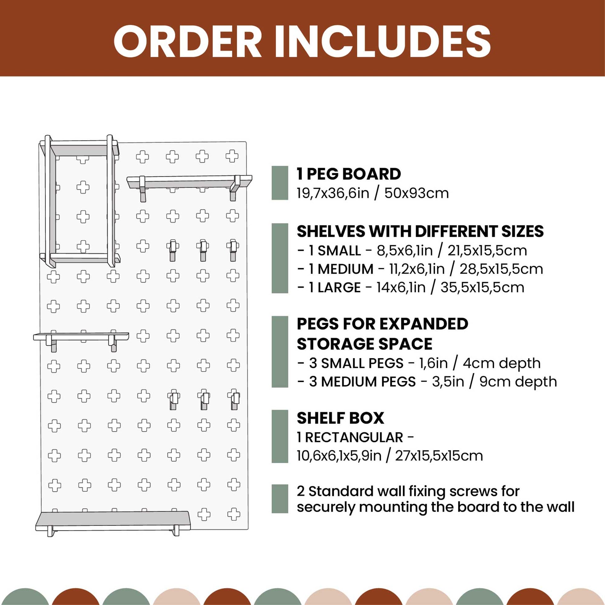 A Floating Shelves Pegboard, Sweet HOME from wood, featuring a list of items that are included in the order, including pegboard shelves and toddler shelves.