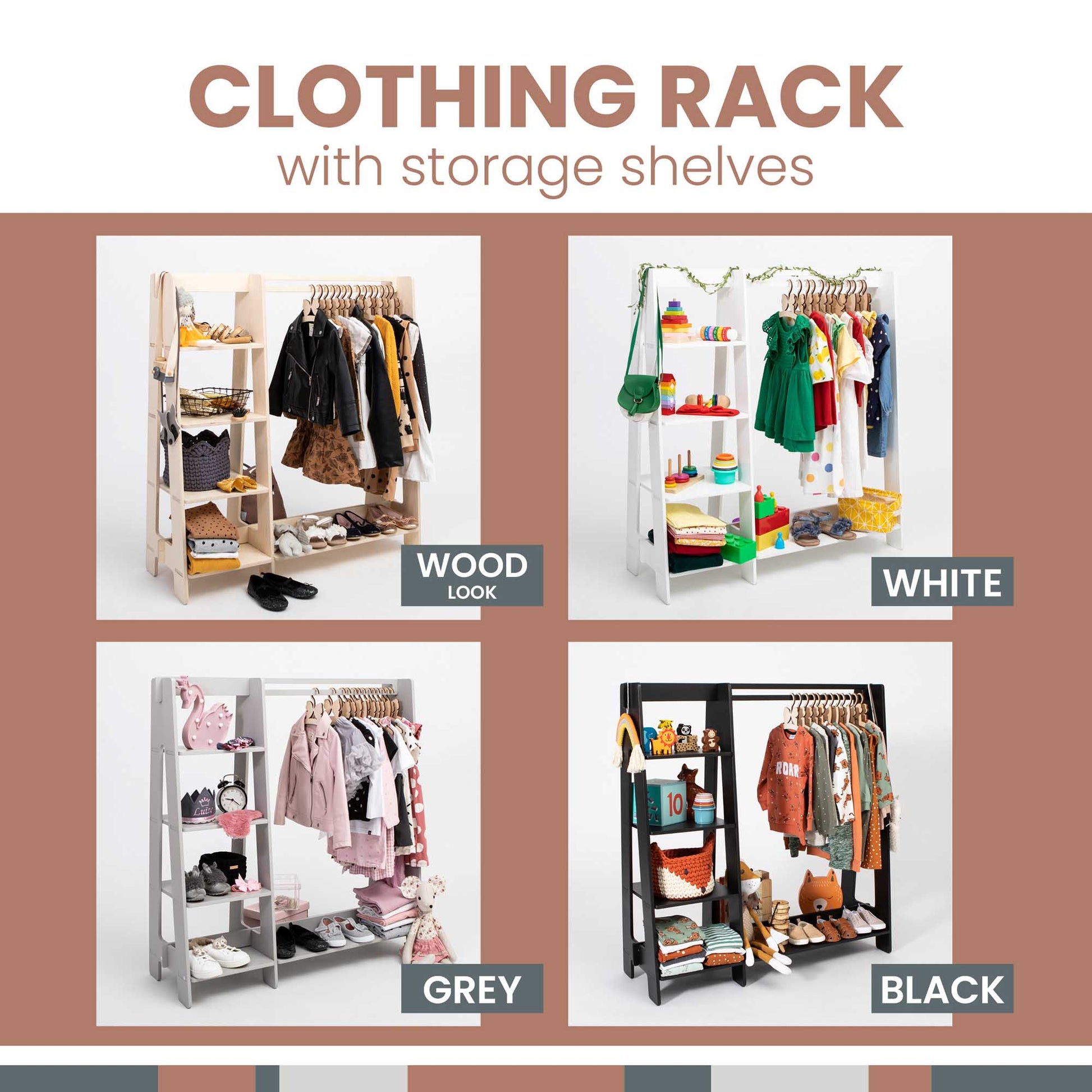 Sweet Home From Wood Children's wardrobe, dress up clothing rack with storage shelves.