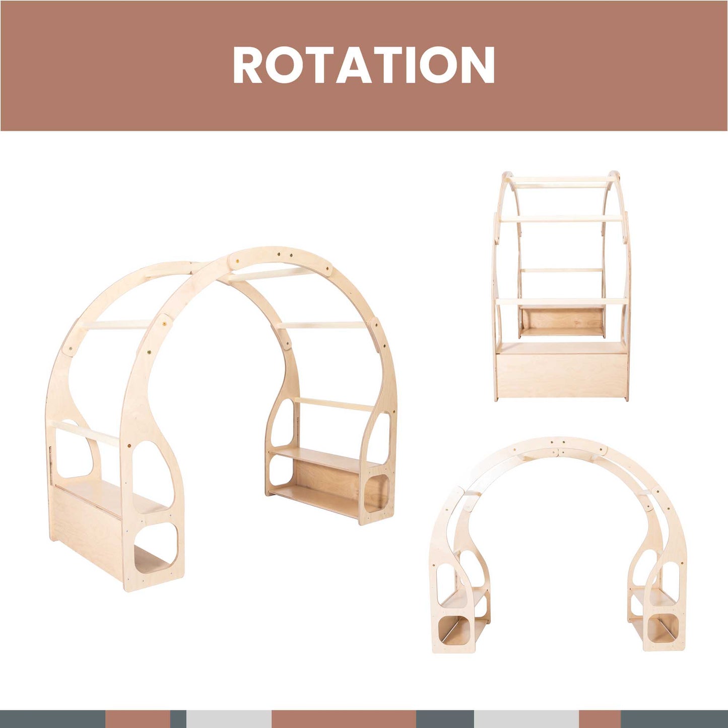 Playstand for toddlers shown from three angles, highlighting its arch shape and multiple cut-outs—a versatile Montessori toy. The word "ROTATION" appears above the images.