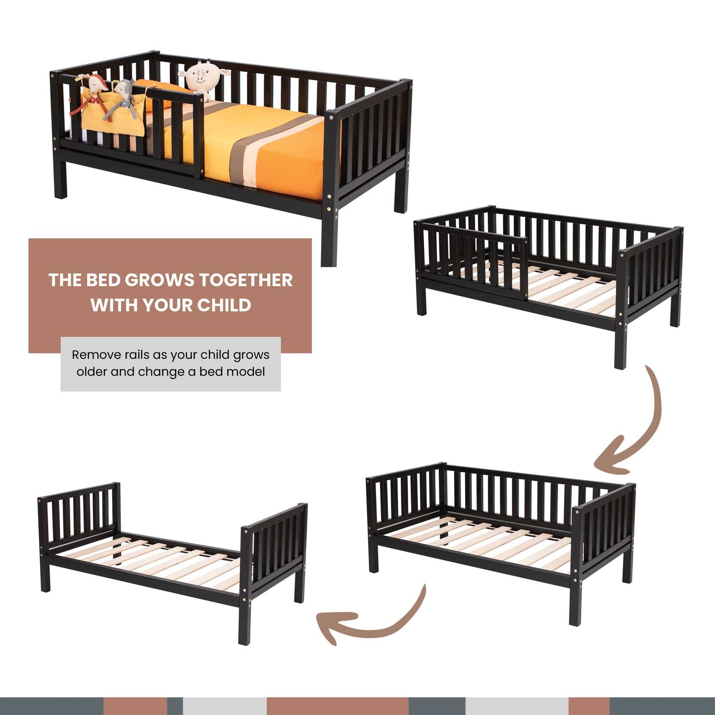 A picture of a Sweet Home From Wood toddler bed on legs with a fence, suitable for independent sleeping.