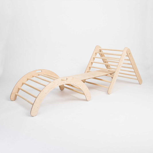 A Sweet Home From Wood Climbing Arch, Foldable Climbing Triangle, and Ramp with wooden slats on it.