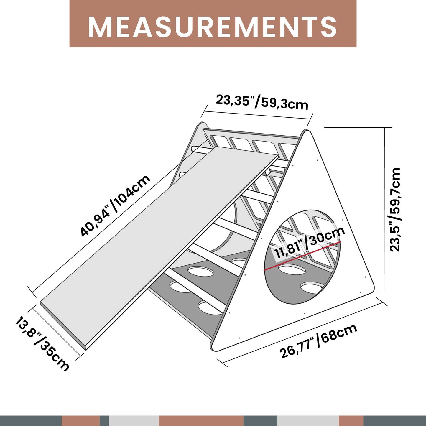 A Climbing triangle + Climbing arch + a ramp-inspired diagram showcasing the measurements of a dog house.