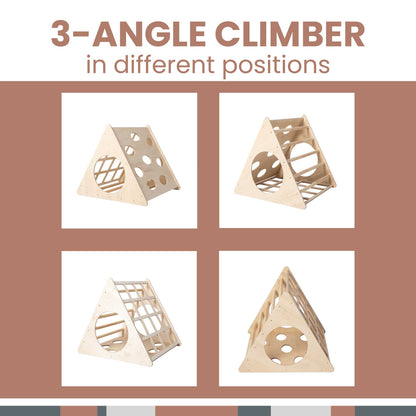 Climbing triangle + 2-in-1 climbing cube / table and chair + a ramp on an indoor play gym allow the climber to explore various angles and positions.