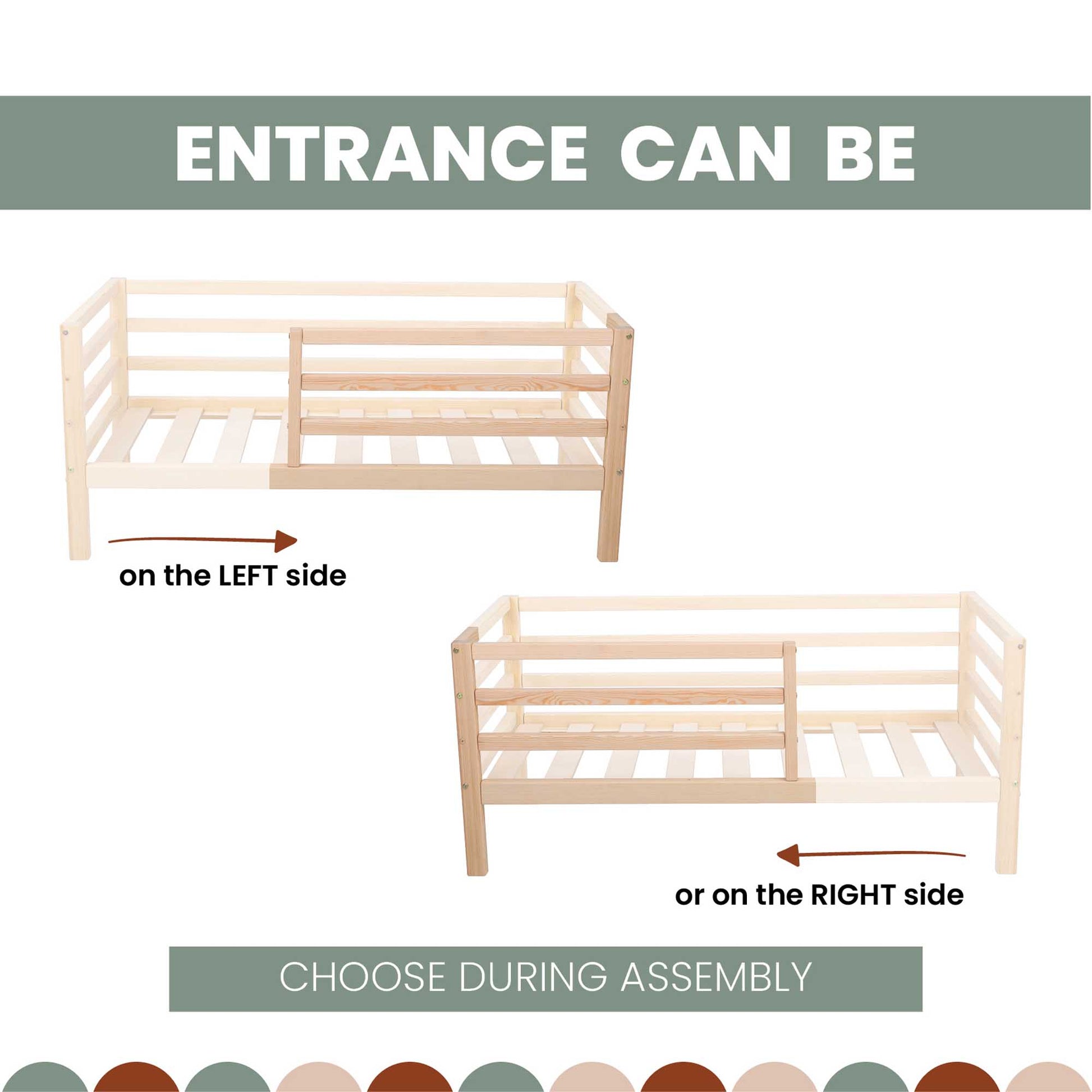 A Sweet Home From Wood kids' bed on legs with a horizontal rail fence. The entrance can be chosen during assembly.