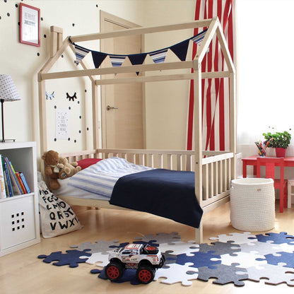 A Raised House Bed on Legs with 3-sided Rails in a child's room.