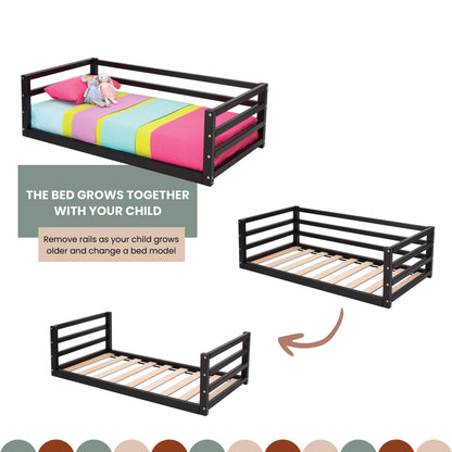 A picture of a Sweet Home From Wood Children's floor level bed with 3-sided safety rail and bed frame.