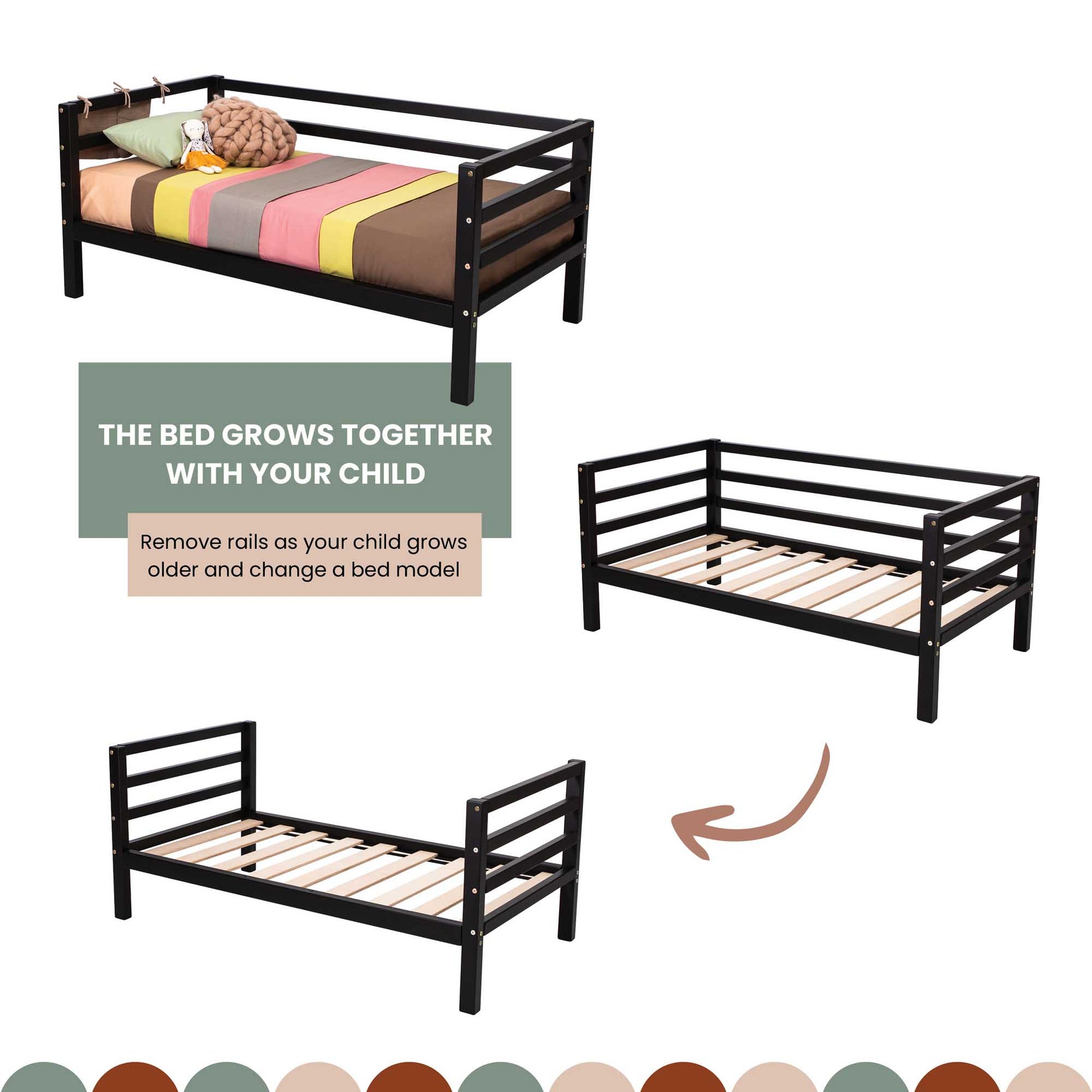 Kids' bed on legs with horizontal rail on 3 sides shown in three setups—features a removable safety rail and can be adjusted as your child grows, highlighting its Montessori-inspired toddler bed design.