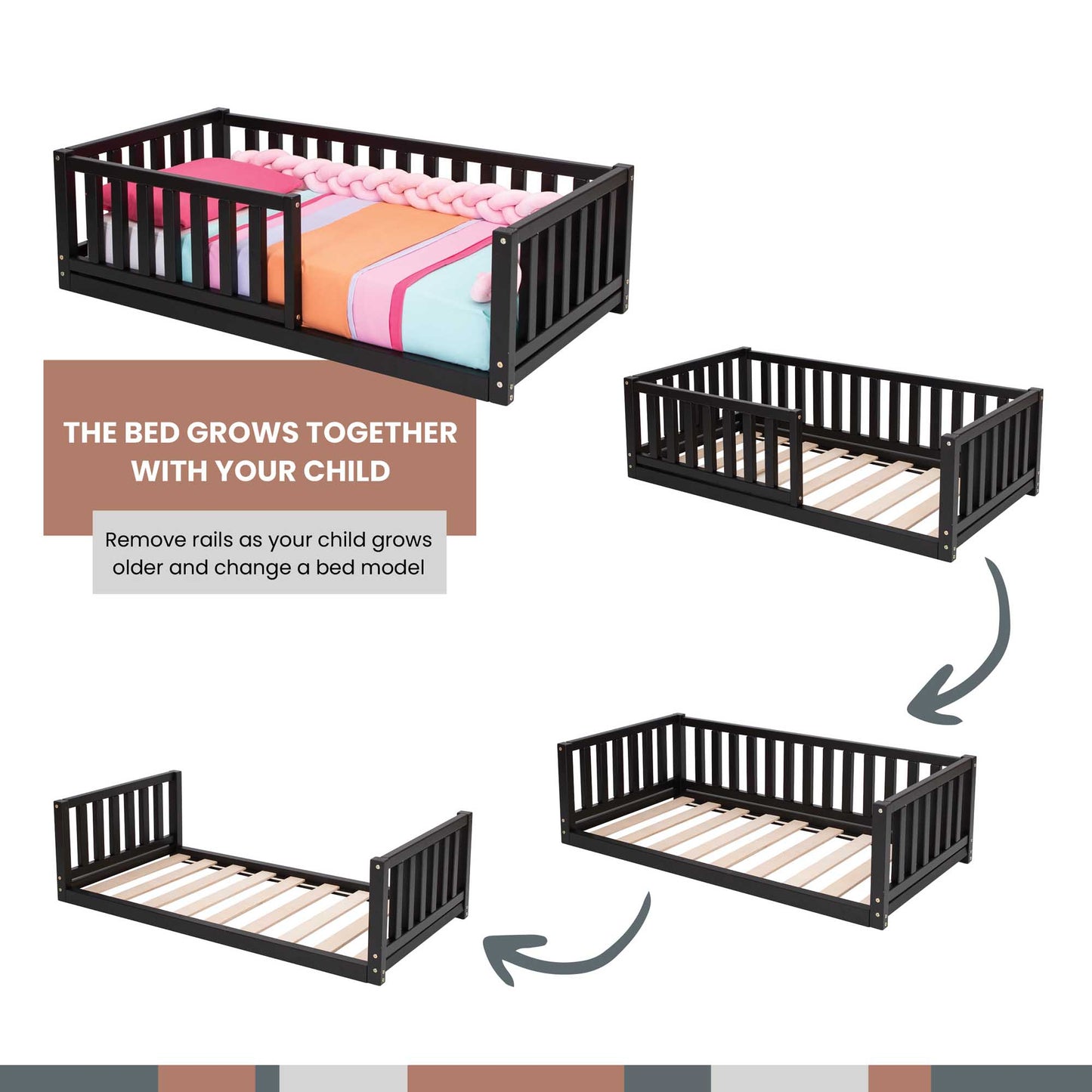 This picture showcases a Sweet Home From Wood Montessori kids' bed with a fence, designed specifically for independent sleeping and ensuring security for toddlers.