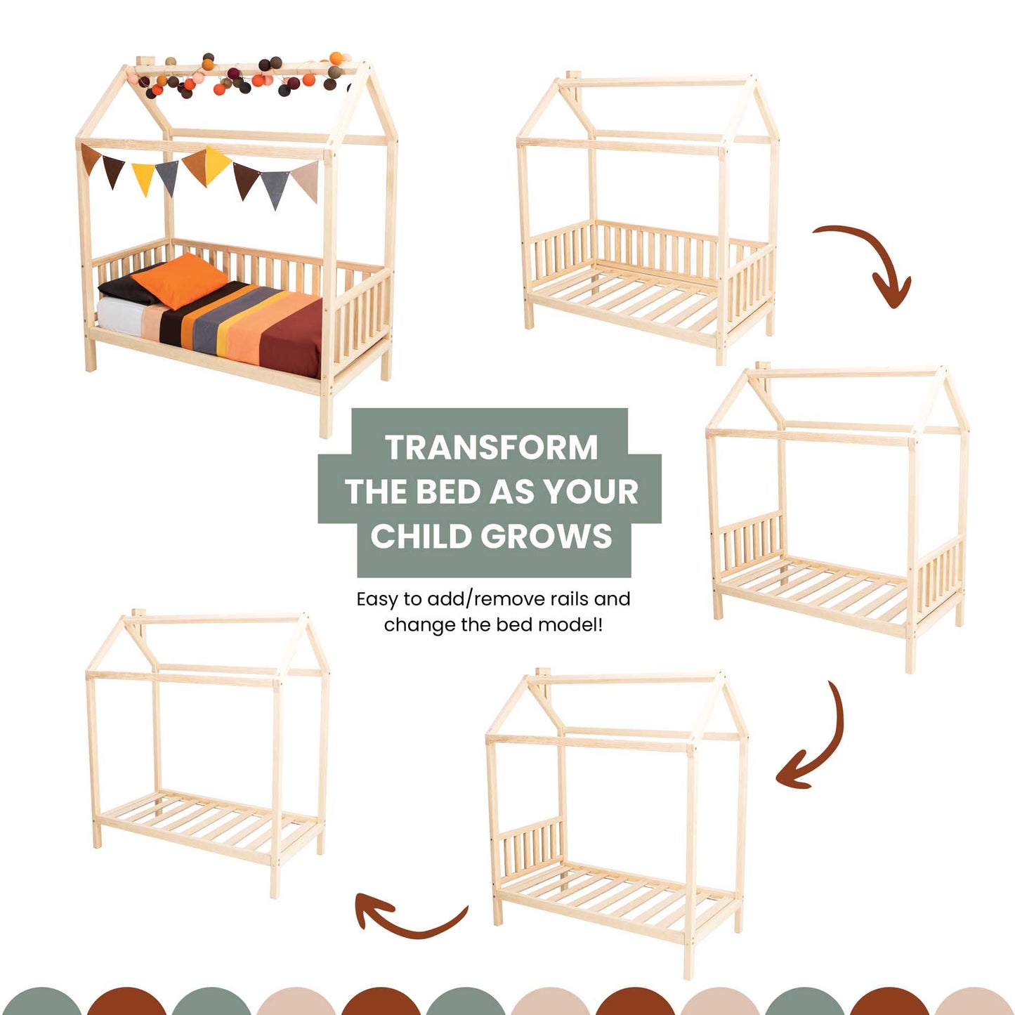 Elevate the Raised house bed on legs with 3-sided rails as your child grows.