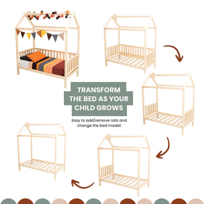Elevate the Raised house bed on legs with 3-sided rails as your child grows.