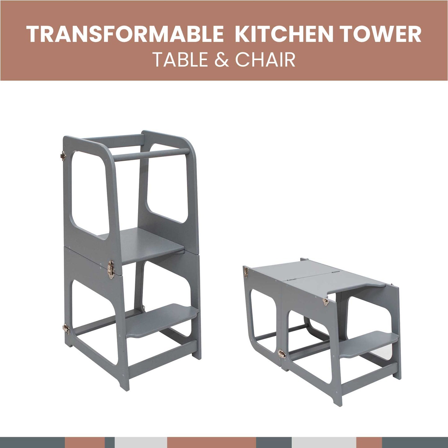 This 2-in-1 Convertible kitchen tower - table and chair set is designed to easily transform to suit the needs of toddlers in the kitchen.