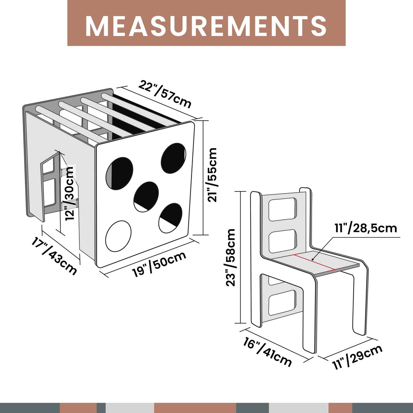 A diagram showing the measurements of a Climbing arch + Transformable climbing cube / table and chair + a ramp.