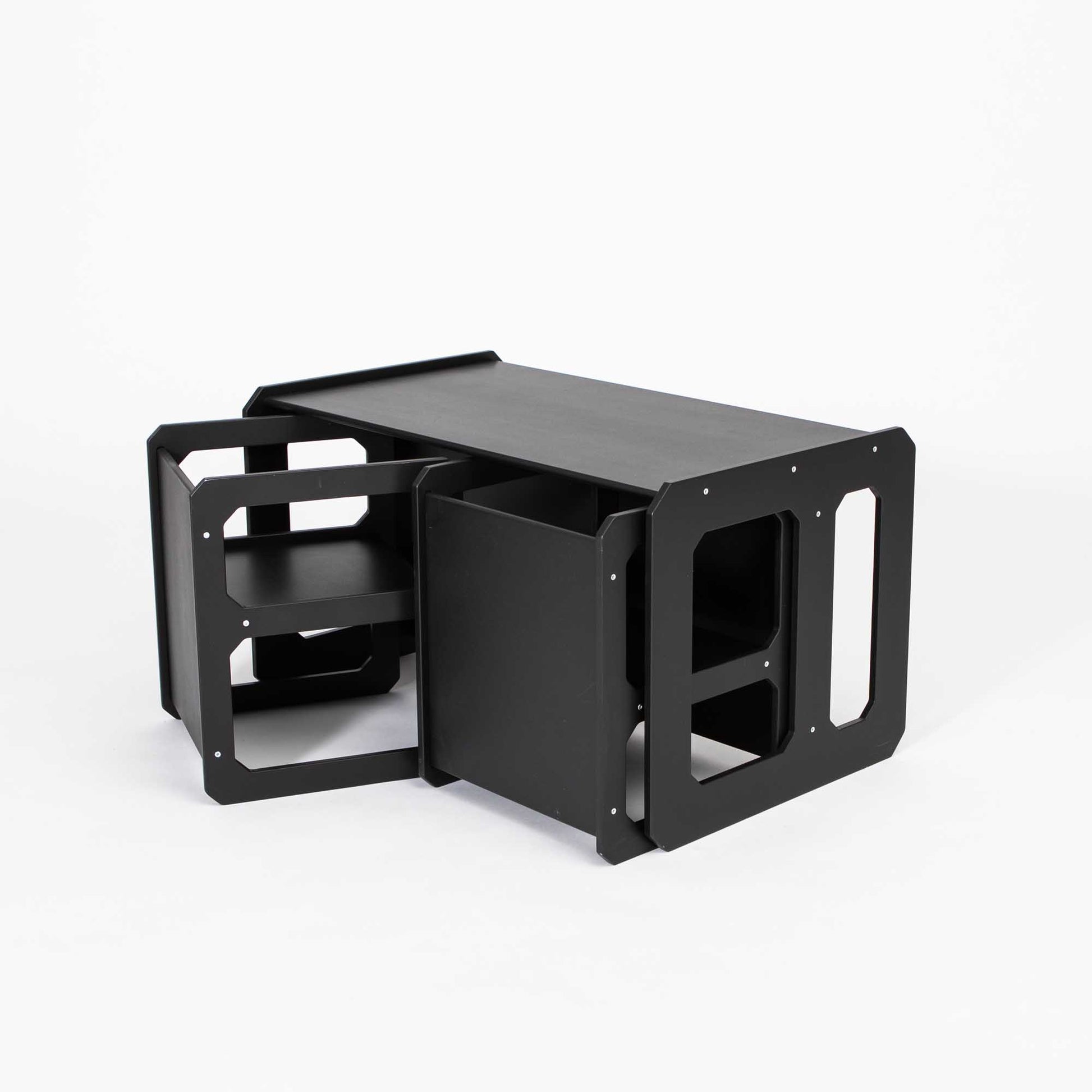 A Montessori weaning table and 2 chair set with two drawers and a shelf, perfect for setting up an independent toddler table.
