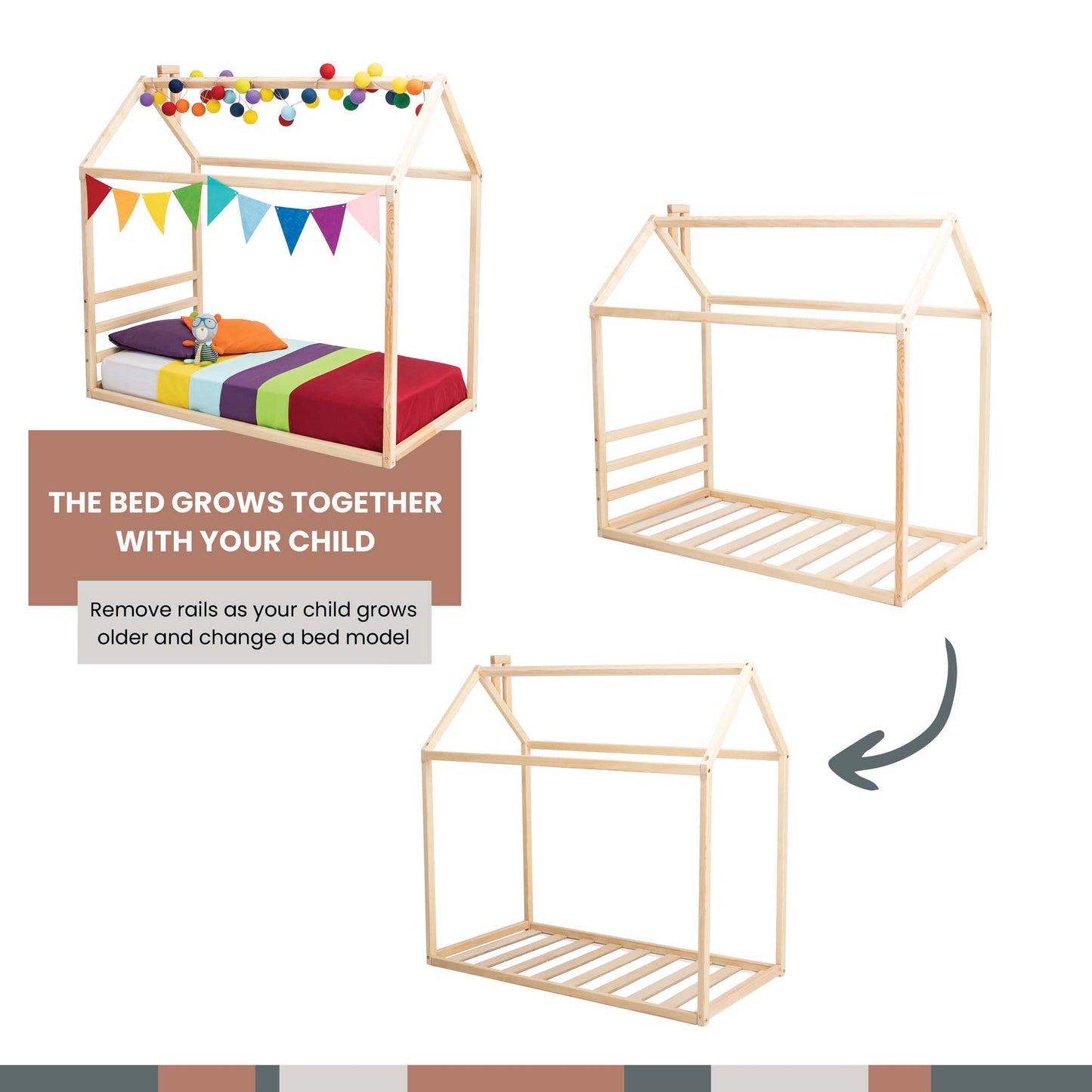 Montessori toddler house bed frame transformations- involwing option with and without a headboard