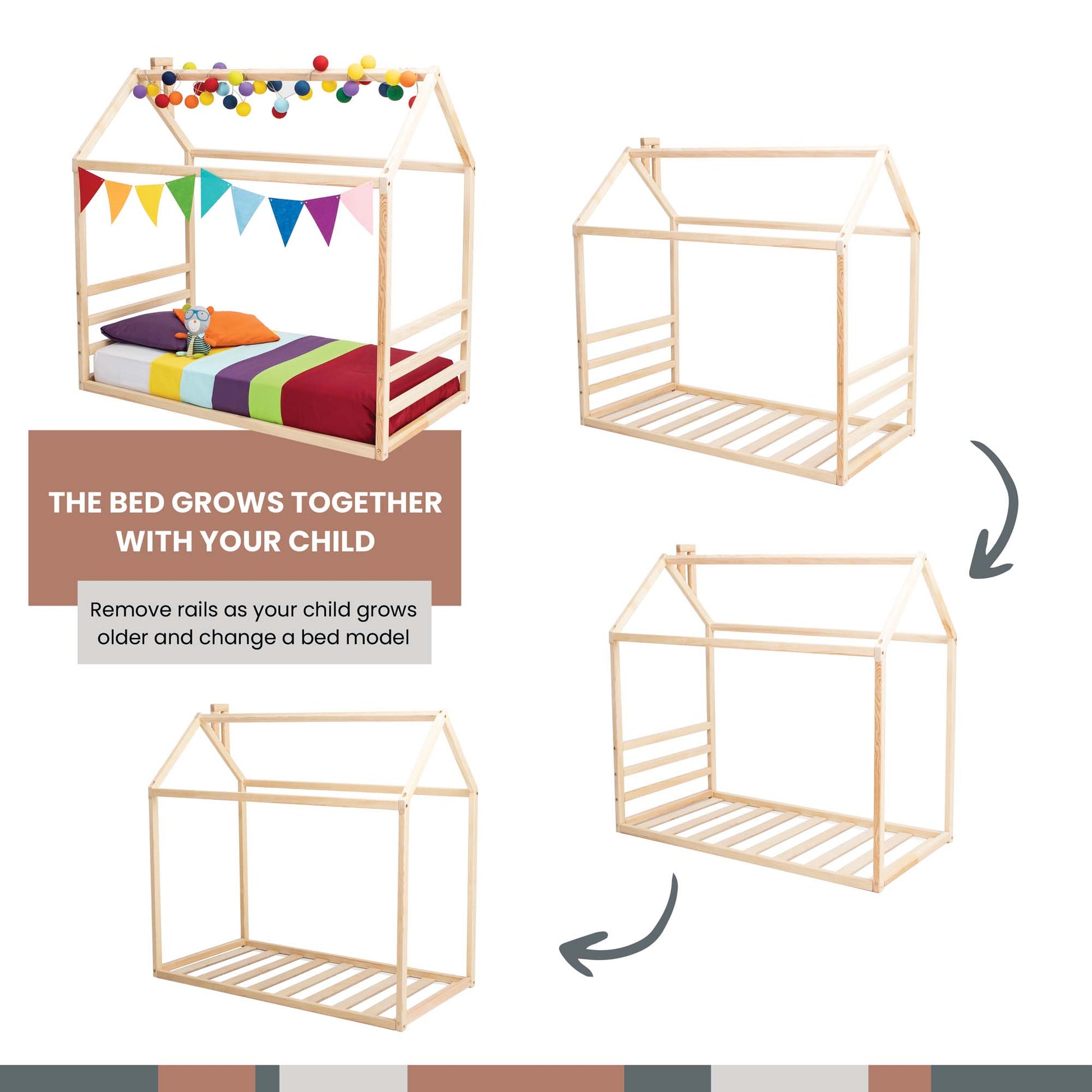 Transform the floor house-frame bed with a horizontal headboard and footboard into a low platform bed for kids as your child grows.