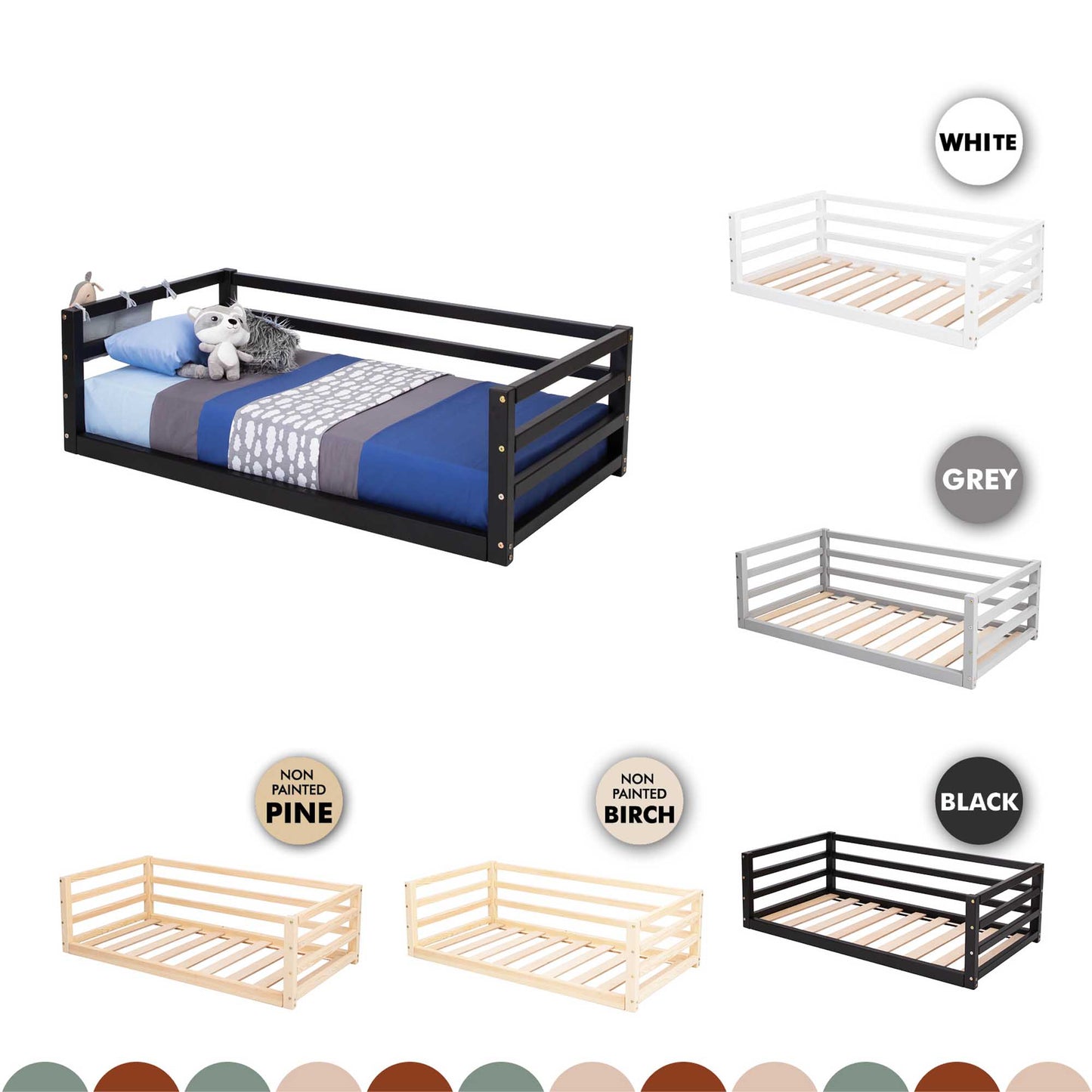 A Sweet Home From Wood children's floor level bed with 3-sided safety rail with different colors and styles, including a safety rail.