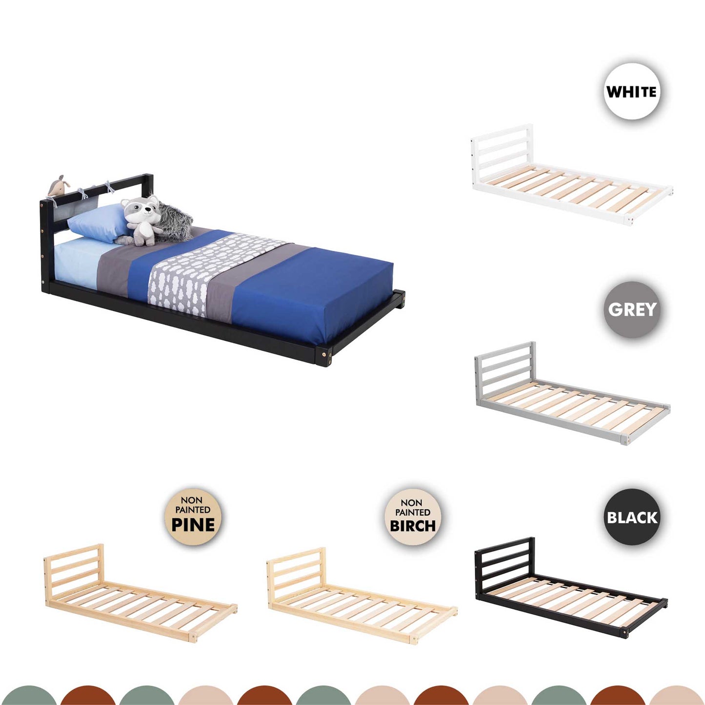 A Sweet Home From Wood toddler floor bed with a horizontal rail headboard available in different colors and sizes.