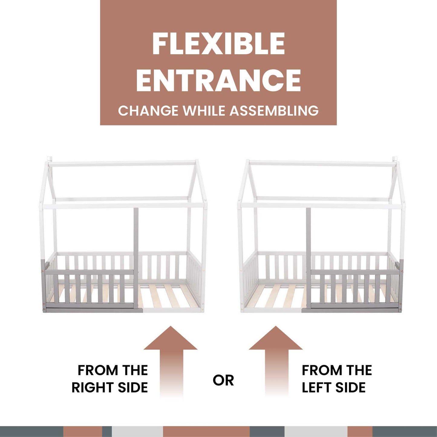 A cozy Sweet Home From Wood Montessori floor house bed with rails, with a flexible entrance that can be changed while assembling.