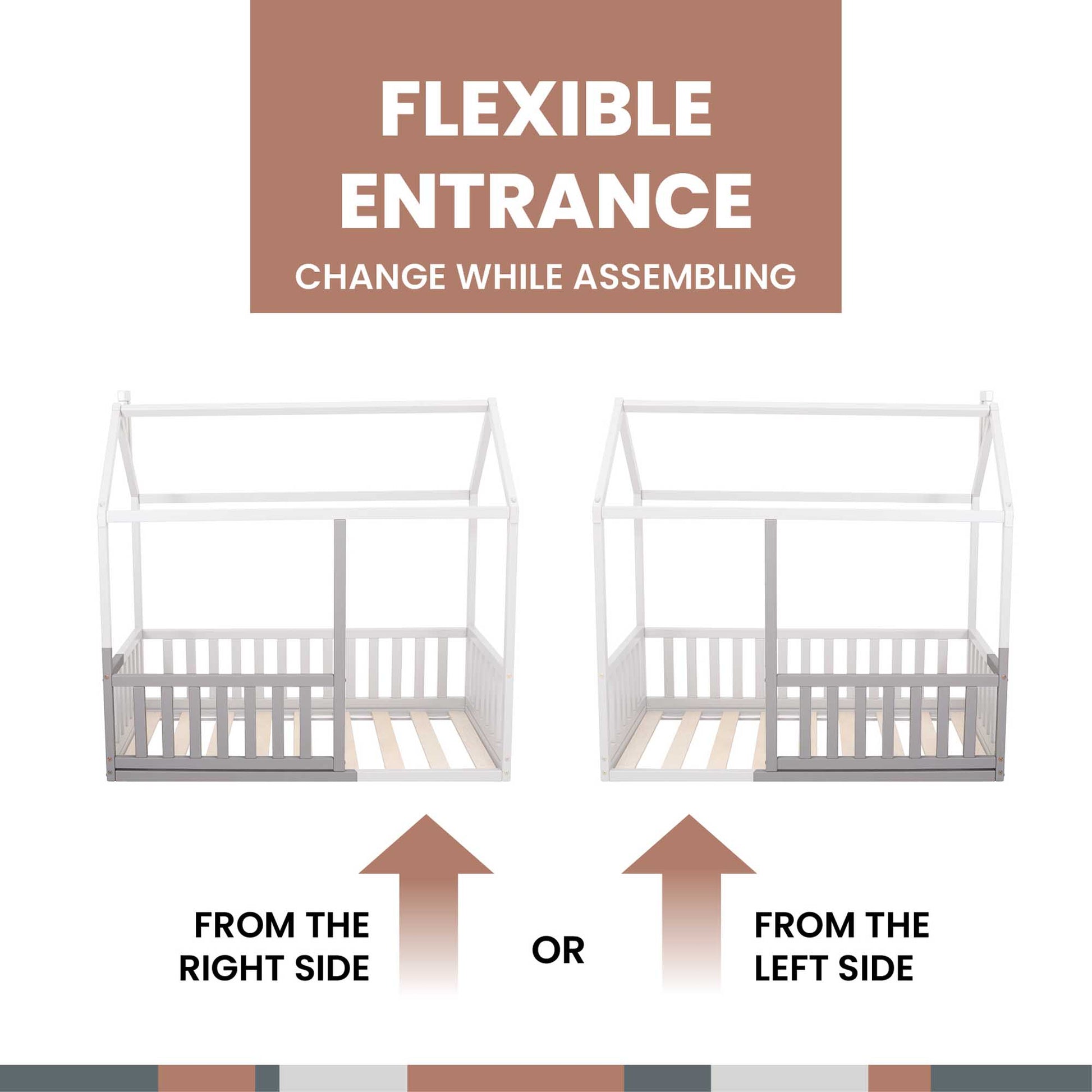 A cozy Sweet Home From Wood Montessori floor house bed with rails, with a flexible entrance that can be changed while assembling.
