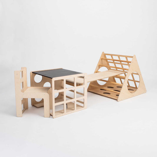 A set of Climbing triangle + 2-in-1 climbing cube / table and chair + a ramp designed for indoor play gym.