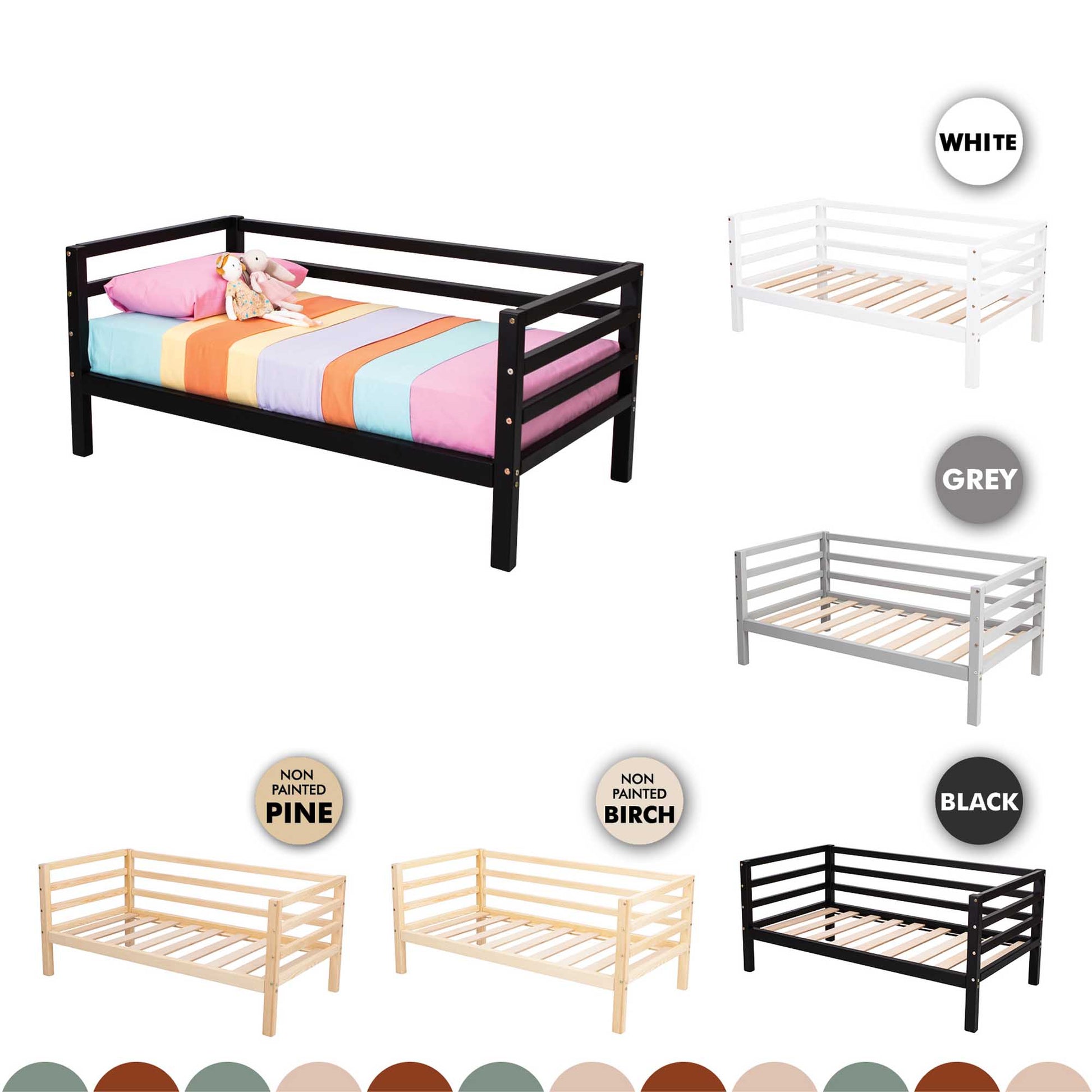 The Kids' bed on legs with horizontal rail on 3-sides comes in black, white, grey, non-painted pine, and non-painted birch. One bed features a striped mattress and stuffed toy. Optional safety rail offers added security.