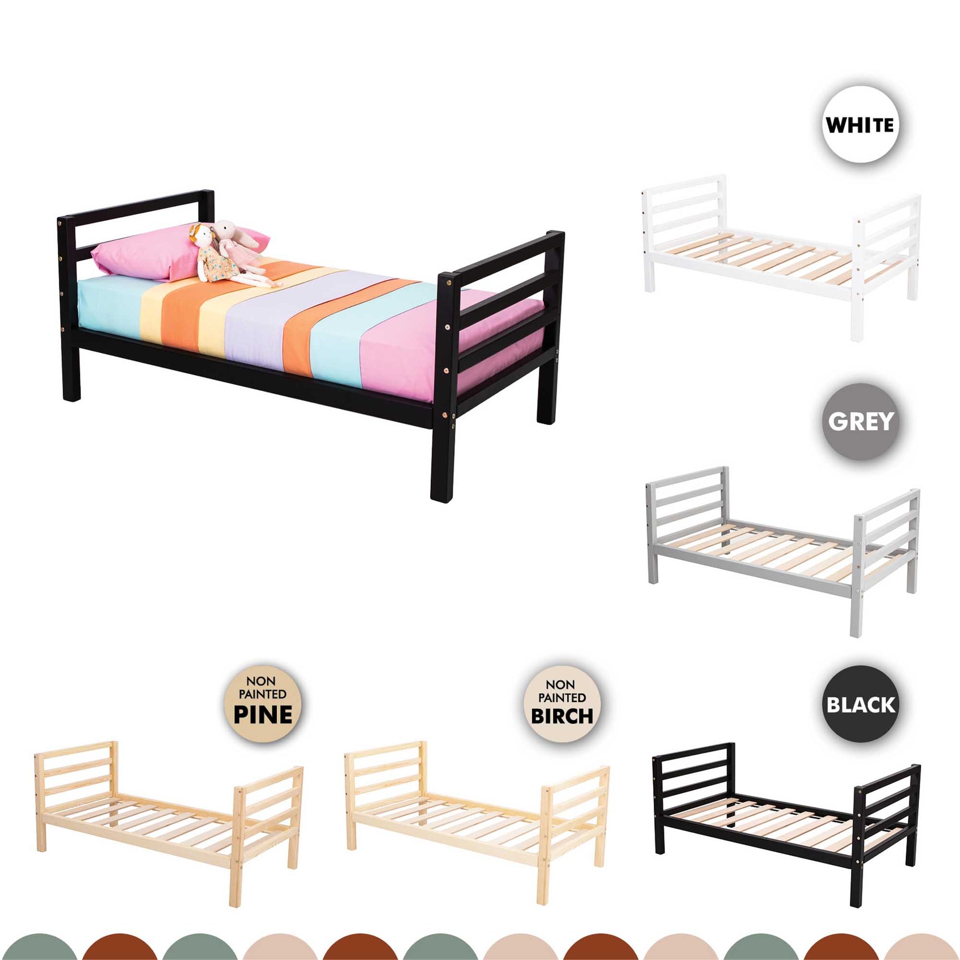 A set of Sweet Home From Wood Montessori-inspired toddler beds in various colors accompanied by a cuddly teddy bear.