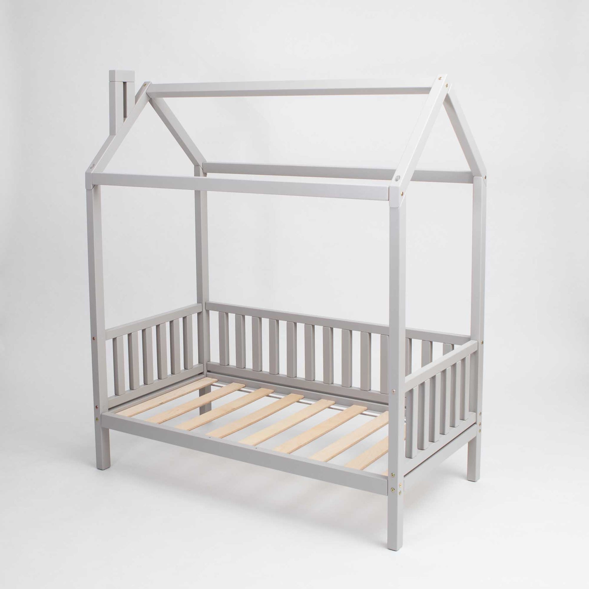 A grey-framed raised house bed on legs with 3-sided rails complete with wooden slats.