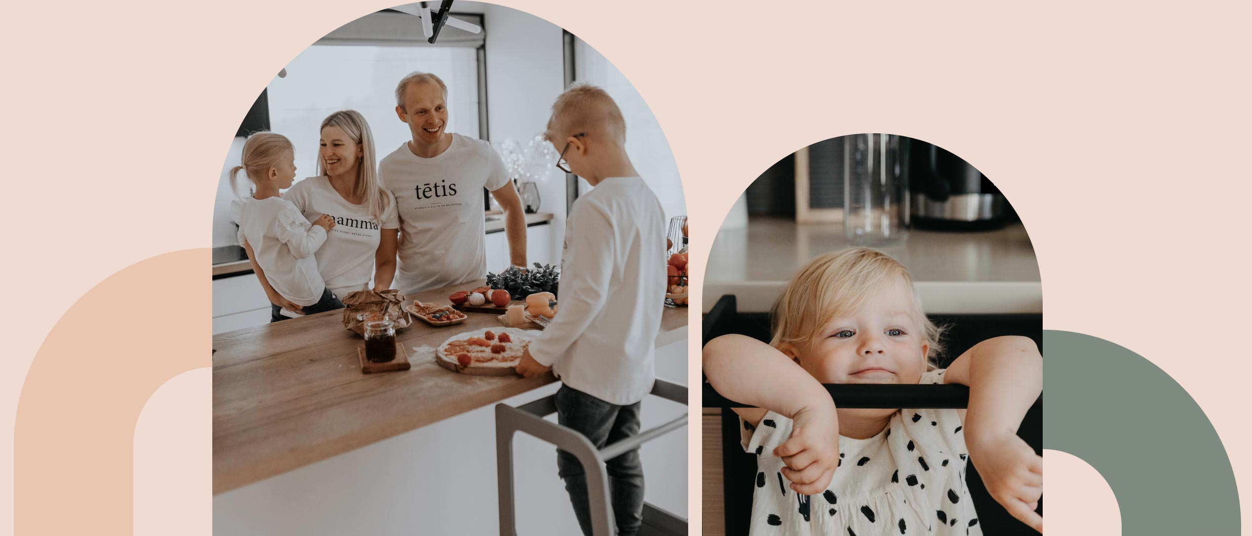A photo of a family in a kitchen with a baby in a high chair.