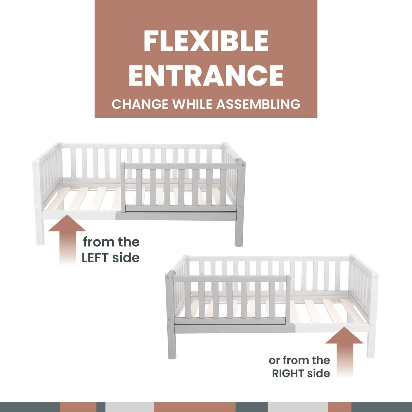A Sweet Home From Wood toddler bed on legs with a fence, with a flexible entrance for easy assembly and co-sleeping.