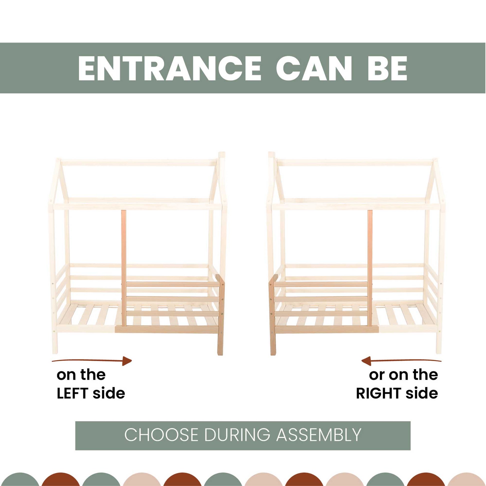 A picture of a Wooden house bed on legs with a fence with the entrance on either the left or right side.