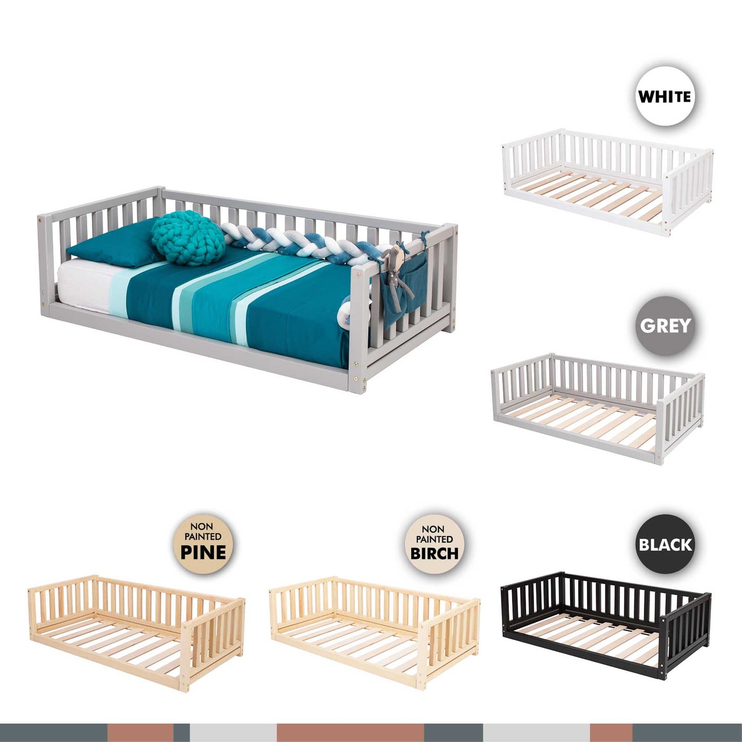 A solid wood Montessori bed with 3-sided rails available in different colors and styles.