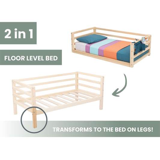 2-in-1 transformable kids' bed with a 3-sided horizontal rail from Sweet Home From Wood.