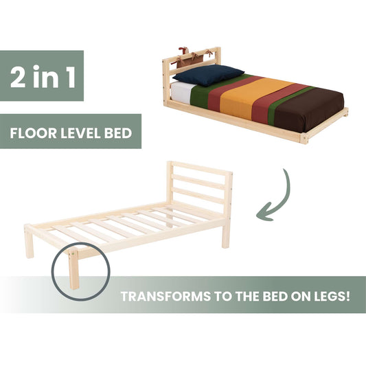 Sweet Home From Wood 2-in-1 transformable kids' bed with a horizontal rail headboard.