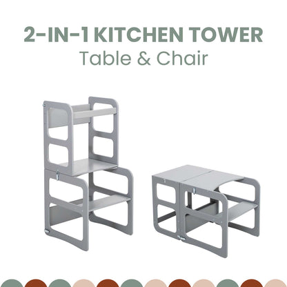 Montessori 2-in-1 transformable kitchen tower showcasing both functionalities. In its tower form, it serves as a kitchen step stool for children, and when transformed, it becomes a table and chair set for versatile use.