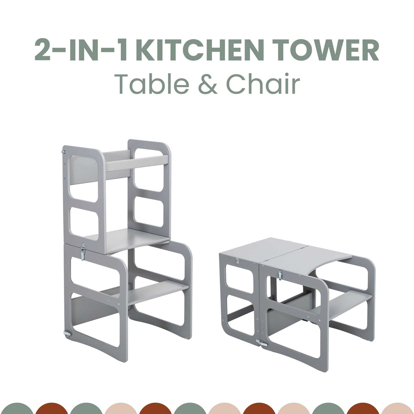 Montessori 2-in-1 transformable kitchen tower showcasing both functionalities. In its tower form, it serves as a kitchen step stool for children, and when transformed, it becomes a table and chair set for versatile use.