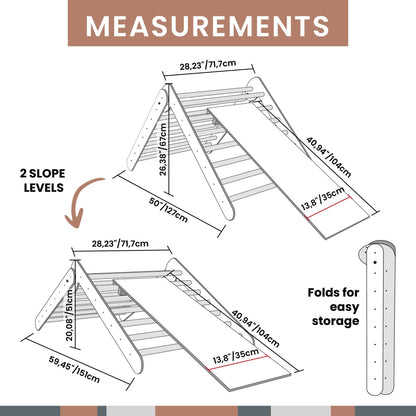 A durable Transformable climbing triangle + Foldable climbing triangle + a ramp diagram showcasing the measurements of a climbing set, designed for easy storage.