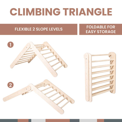 The Foldable climbing triangle with 2 slope levels is a flexible piece of Montessori furniture that promotes the development of motor skills with its two shelf levels.