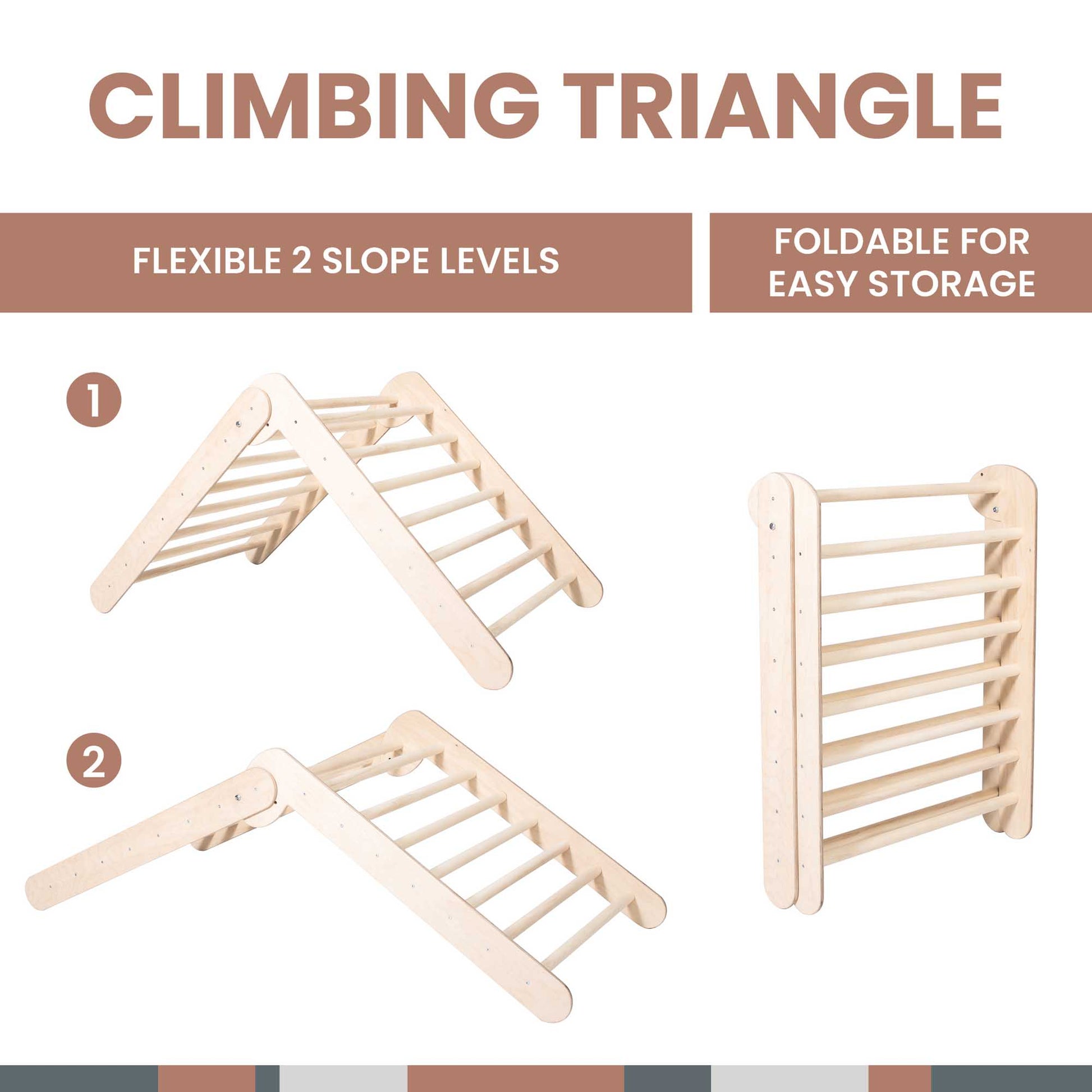 The Foldable climbing triangle + 2-in-1 cube / table and chair + a ramp is a versatile indoor climbing set with two shelf levels.
