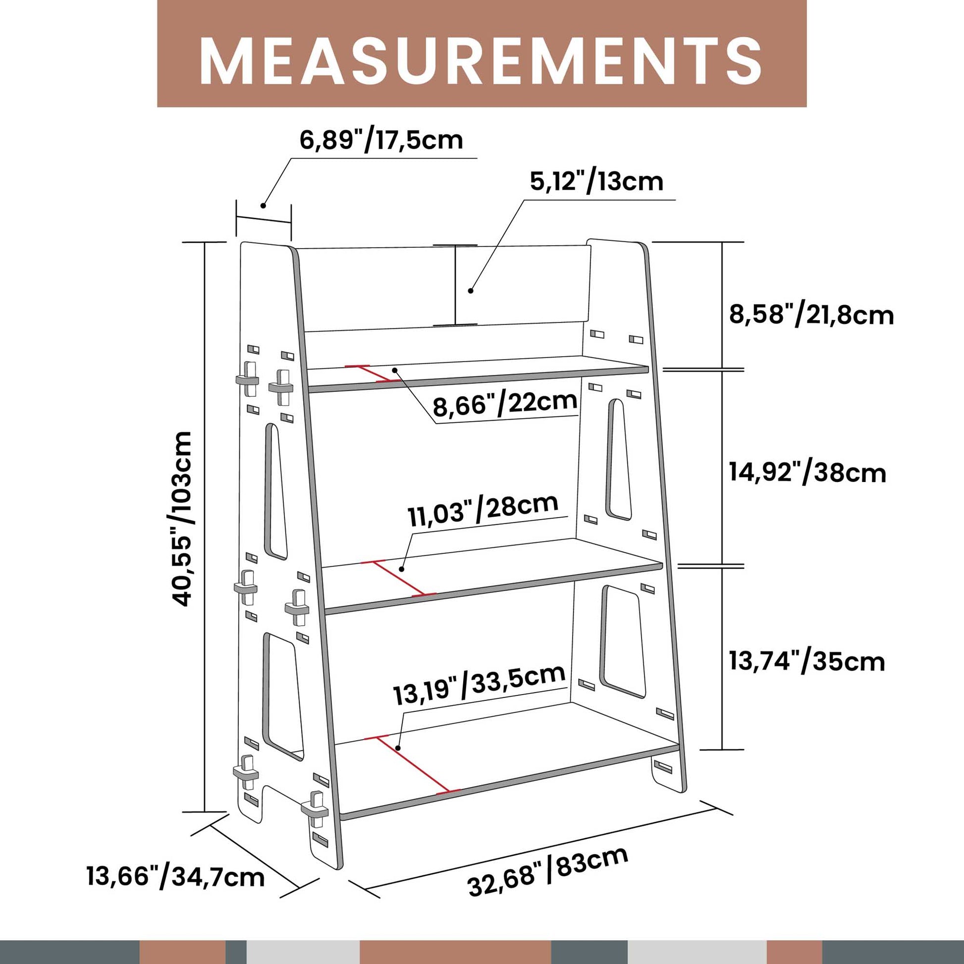 A diagram displaying the measurements of a Montessori toy shelf from Sweet Home From Wood.