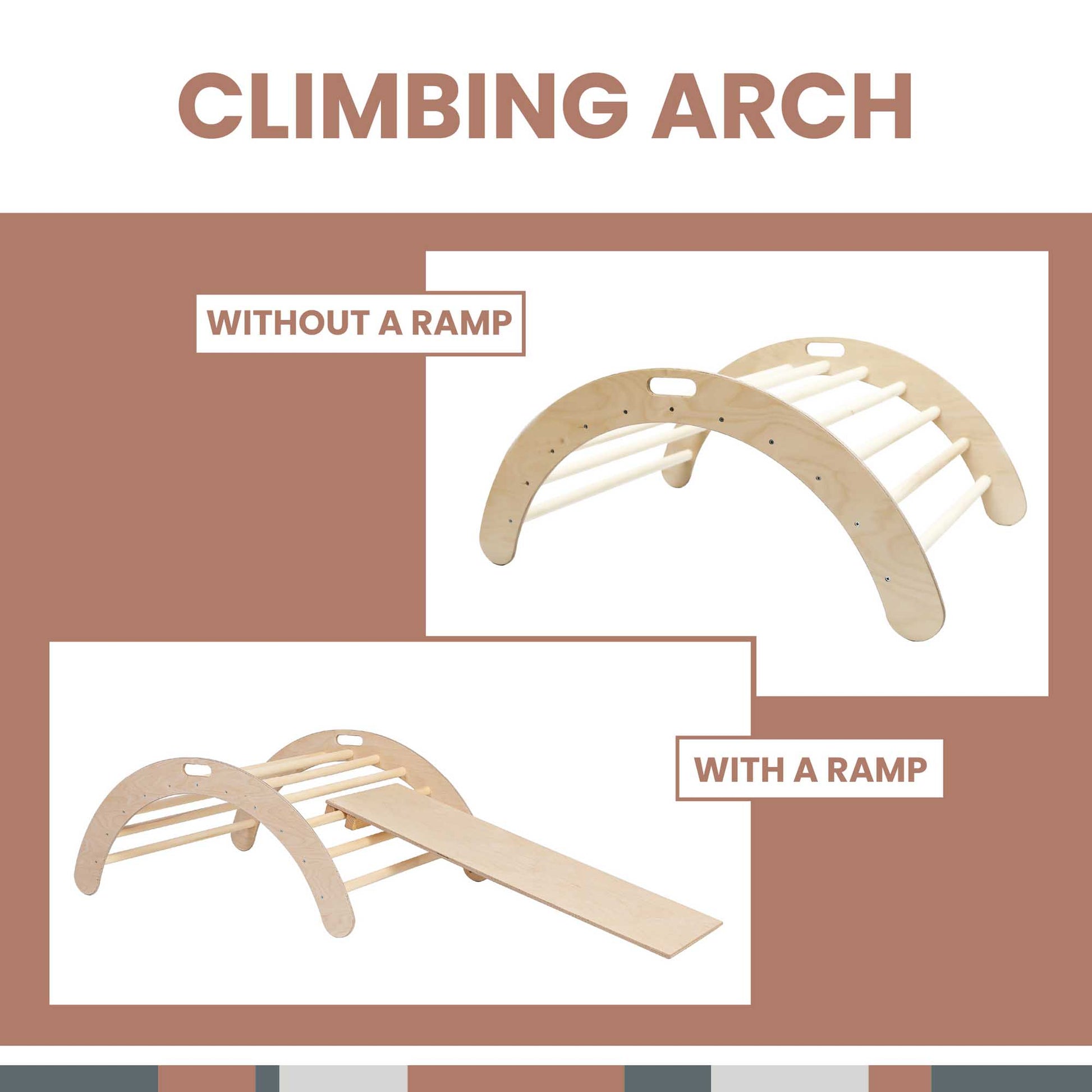 The Sweet Home From Wood Climbing Arch, kids' indoor gym, with a ramp is an exciting activity playset that promotes balance and includes climbing triangles, and balance beams.