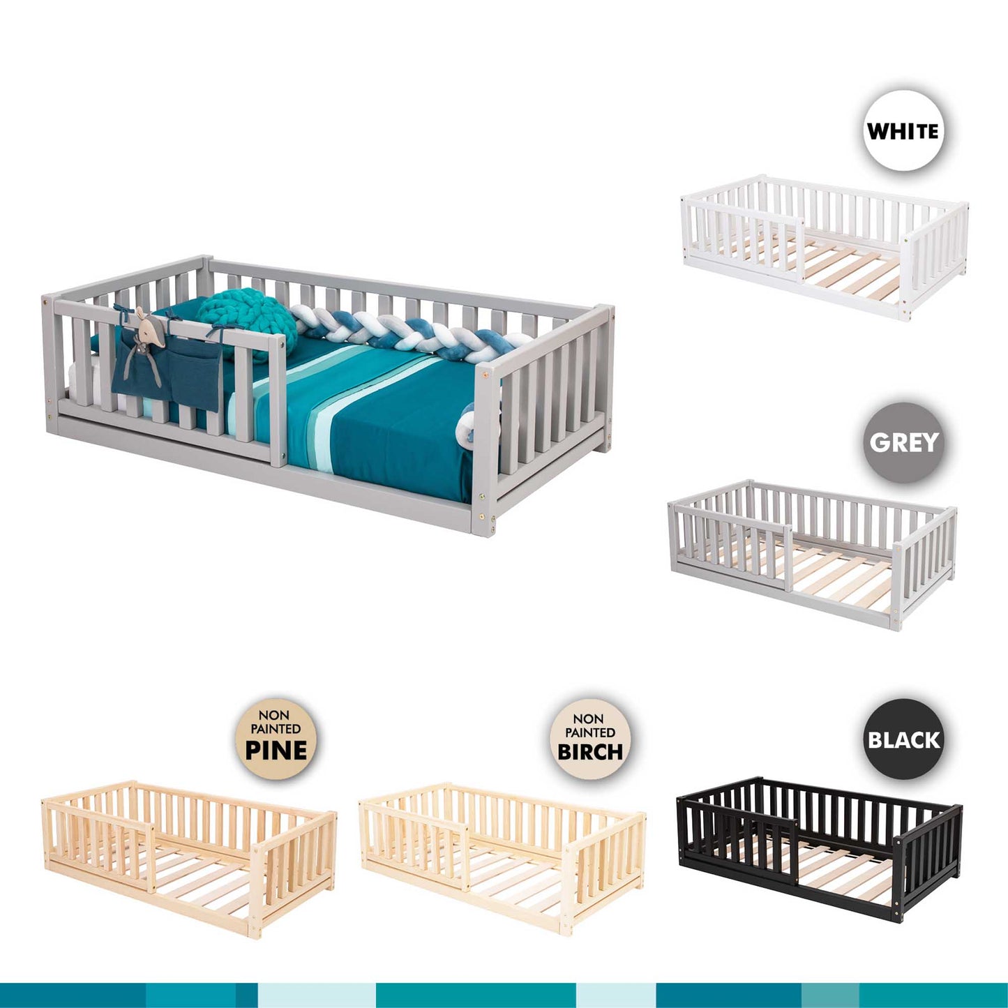 A long-lasting Sweet Home From Wood 2-in-1 toddler bed on legs with a vertical rail fence available in different colors and styles.